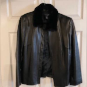 Ann Taylor Soft Leather Black fur collared jacket Size L